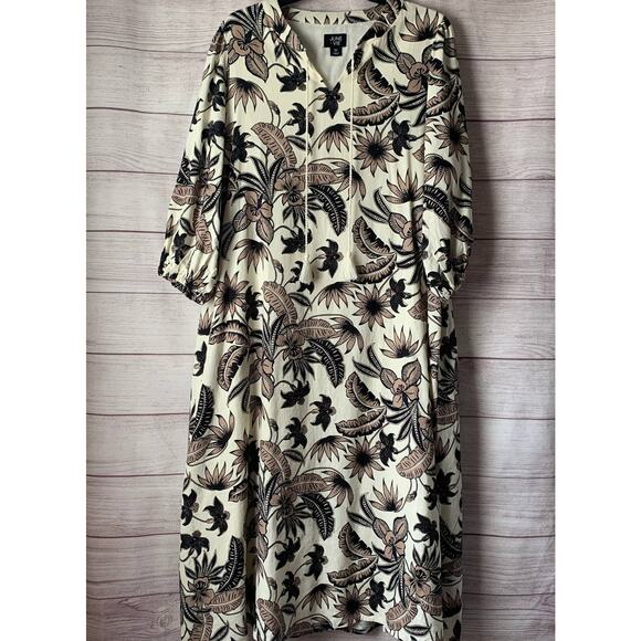 June + Vie by Roaman's Midi Lino Soleil Shirt Dress Floral Plus Size 14/16 M - Picture 1 of 16
